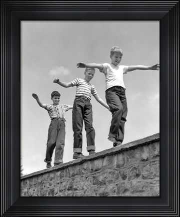 Framed 1950s Three Laughing Boys Walking On Top Of Stone Wall Print
