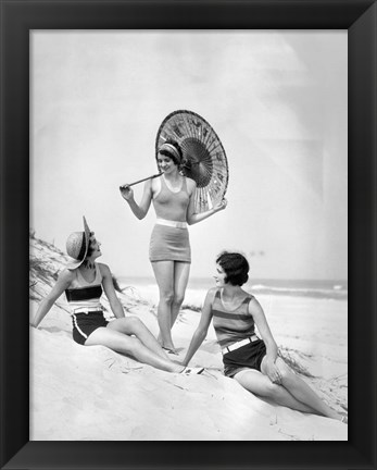 Framed 1920s Three Smiling Women In Swimsuits At The Beach Print