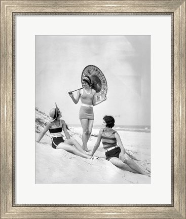 Framed 1920s Three Smiling Women In Swimsuits At The Beach Print