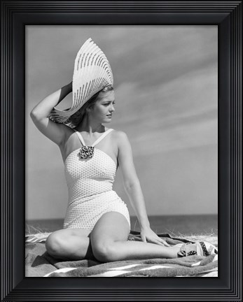 Framed 1930s 1940s Woman In Bathing Suit On Beach Wearing Big Hat Print