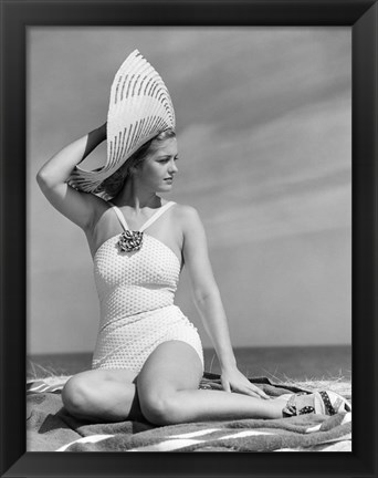 Framed 1930s 1940s Woman In Bathing Suit On Beach Wearing Big Hat Print