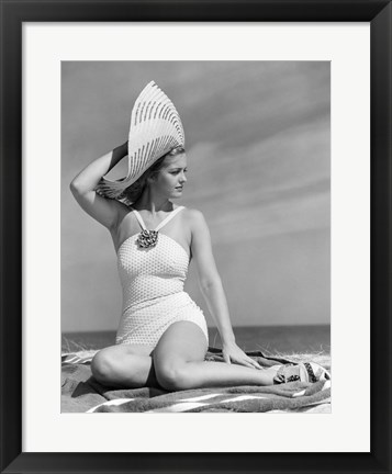 Framed 1930s 1940s Woman In Bathing Suit On Beach Wearing Big Hat Print