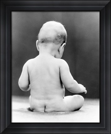 Framed 1930s Naked Baby Sitting On Bare Bottom Behind Print