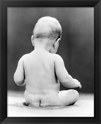 Framed 1930s Naked Baby Sitting On Bare Bottom Behind Print