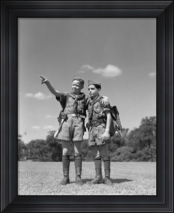 Framed 1950s Two Boy Scouts One Pointing Wearing Hiking Gear Print