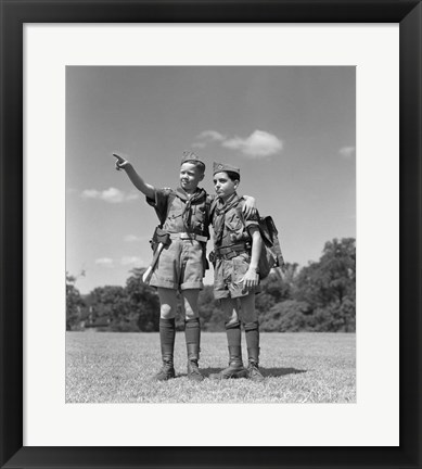 Framed 1950s Two Boy Scouts One Pointing Wearing Hiking Gear Print