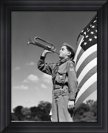 Framed 1950s Boy Scout In Uniform Standing In Front American Flag Print