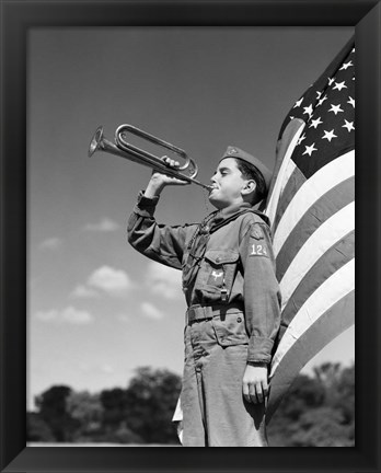 Framed 1950s Boy Scout In Uniform Standing In Front American Flag Print