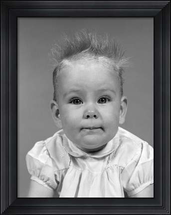 Framed 1960s Head On Portrait Of Baby Girl In Ruffled Dress Print
