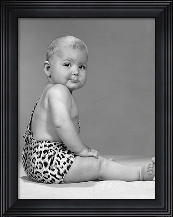 Framed 1960s Grumpy Expression Baby In Leopard Costume Print