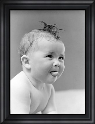 Framed 1940s Cute Baby Sticking Out Tongue Print