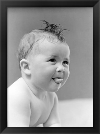 Framed 1940s Cute Baby Sticking Out Tongue Print