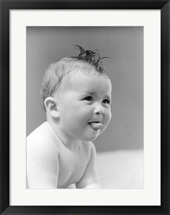 Framed 1940s Cute Baby Sticking Out Tongue Print