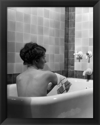 Framed 1920s 1930s Brunette Woman Sitting In Luxury Bathtub Print