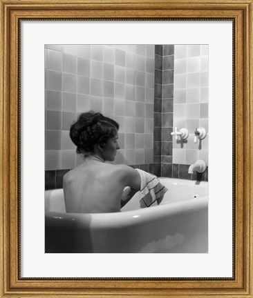 Framed 1920s 1930s Brunette Woman Sitting In Luxury Bathtub Print