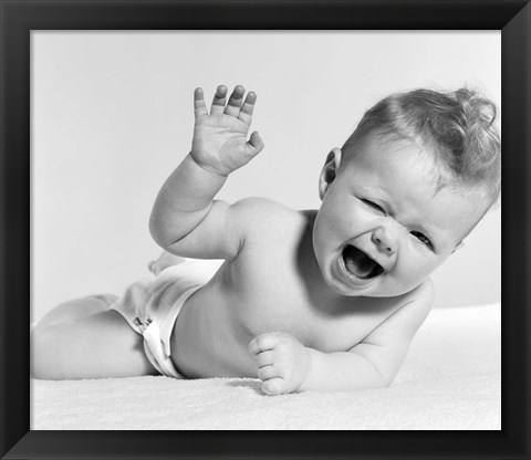 Framed 1950s Baby Lying On Stomach Laughing Print