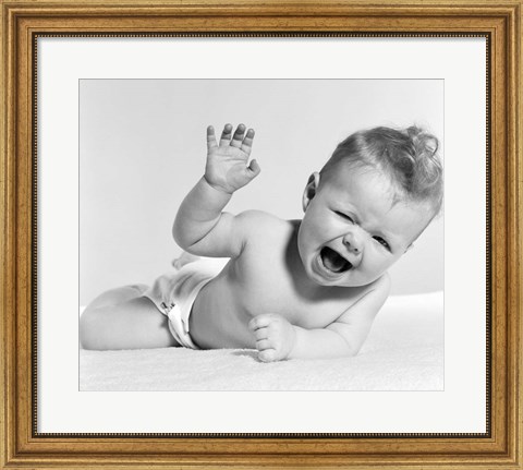Framed 1950s Baby Lying On Stomach Laughing Print