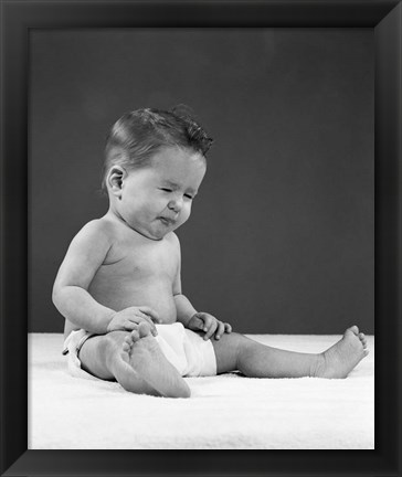 Framed 1950s Baby Sitting Up Wearing Diaper Making Face Print