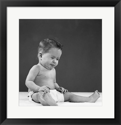 Framed 1950s Baby Sitting Up Wearing Diaper Making Face Print