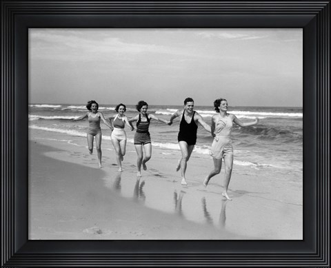 Framed 1930s Four Women And One Man Running On Beach Print