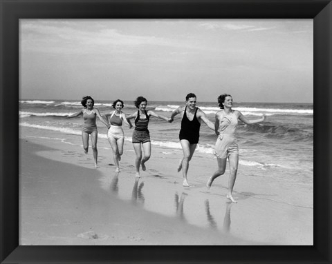 Framed 1930s Four Women And One Man Running On Beach Print