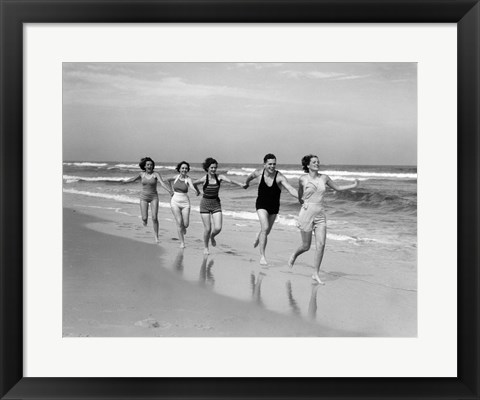 Framed 1930s Four Women And One Man Running On Beach Print