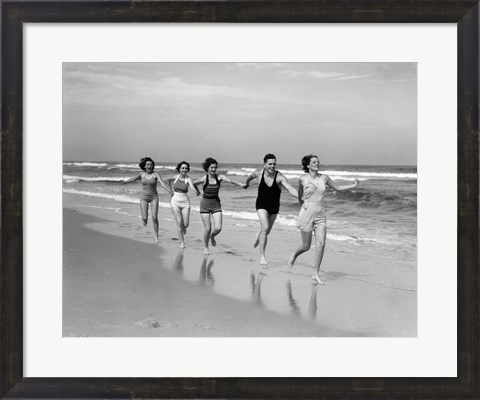 Framed 1930s Four Women And One Man Running On Beach Print