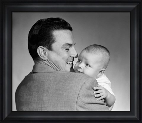 Framed 1950s Proud Smiling Father Holding Baby Face To Camera Print
