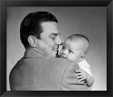 Framed 1950s Proud Smiling Father Holding Baby Face To Camera Print