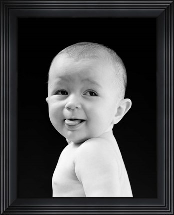 Framed 1940s 1950s Baby Smiling Sticking Out Tongue Print