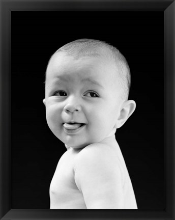 Framed 1940s 1950s Baby Smiling Sticking Out Tongue Print
