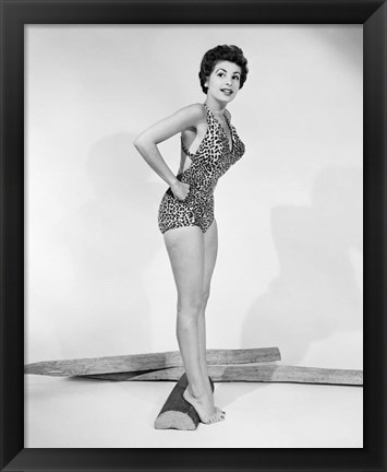 Framed 1950s Pin-Up  Of Woman Wearing Leopard Skin Bathing Suit Print