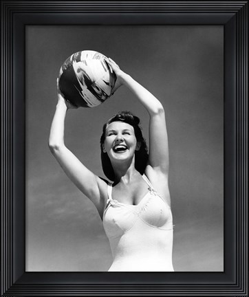 Framed 1940s Woman In White Bathing Suit Holding A Beach Ball Print