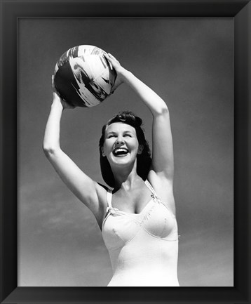 Framed 1940s Woman In White Bathing Suit Holding A Beach Ball Print