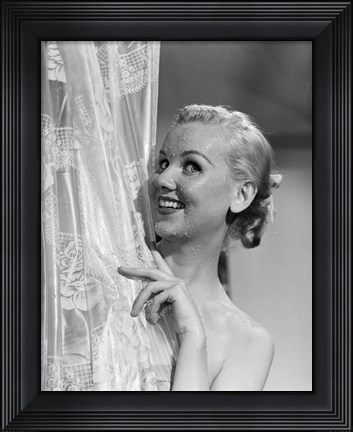 Framed 1950s Wet Blonde Woman Peeking Around Shower Curtain Print