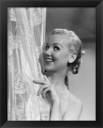 Framed 1950s Wet Blonde Woman Peeking Around Shower Curtain Print