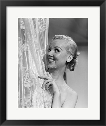 Framed 1950s Wet Blonde Woman Peeking Around Shower Curtain Print