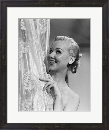 Framed 1950s Wet Blonde Woman Peeking Around Shower Curtain Print