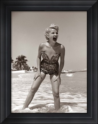 Framed 1950s Blonde Woman In Strapless Low Cut Bathing Suit Print