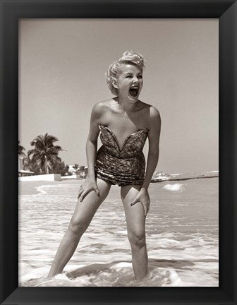 Framed 1950s Blonde Woman In Strapless Low Cut Bathing Suit Print