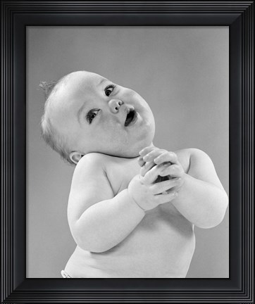 Framed 1950s Baby In Diaper Head To One Side Arms Hands Clasped In Front Print
