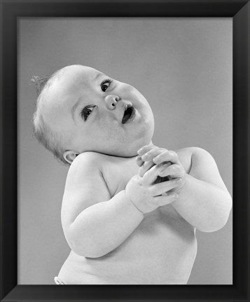 Framed 1950s Baby In Diaper Head To One Side Arms Hands Clasped In Front Print