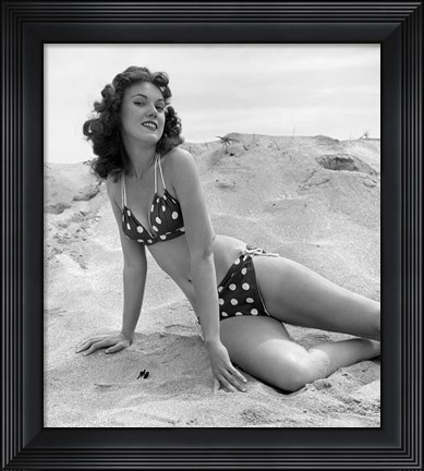 Framed 1950s 1960s Brunette Bathing  Stretched Out On Sand? Print