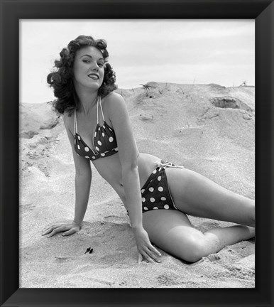 Framed 1950s 1960s Brunette Bathing  Stretched Out On Sand? Print