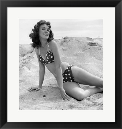 Framed 1950s 1960s Brunette Bathing  Stretched Out On Sand? Print