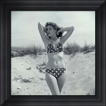 Framed 1950s Brunette Beauty In Polka Dot Bikini Standing In Sand Print