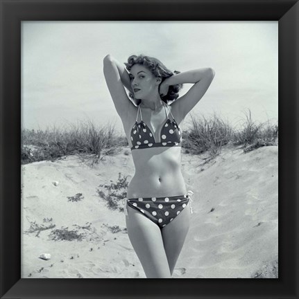 Framed 1950s Brunette Beauty In Polka Dot Bikini Standing In Sand Print