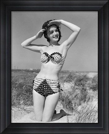 Framed 1950s Young Woman Kneeling In Grassy Sand Print