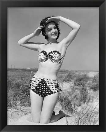 Framed 1950s Young Woman Kneeling In Grassy Sand Print