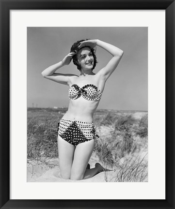 Framed 1950s Young Woman Kneeling In Grassy Sand Print